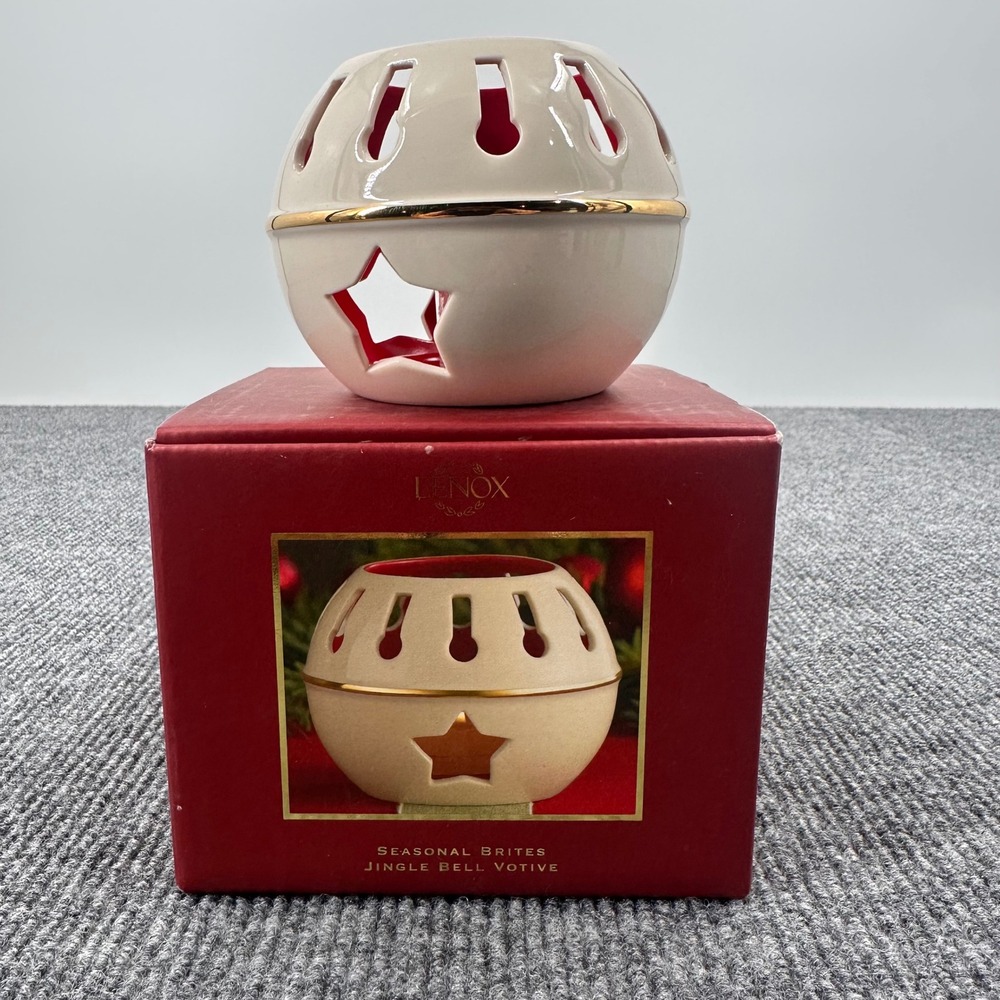 Lenox Seasonal Brites Jingle Bell Votive Candle Holder Ivory Red Gold Christmas